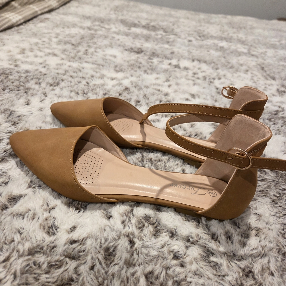 Tan Ankle Strap Flats